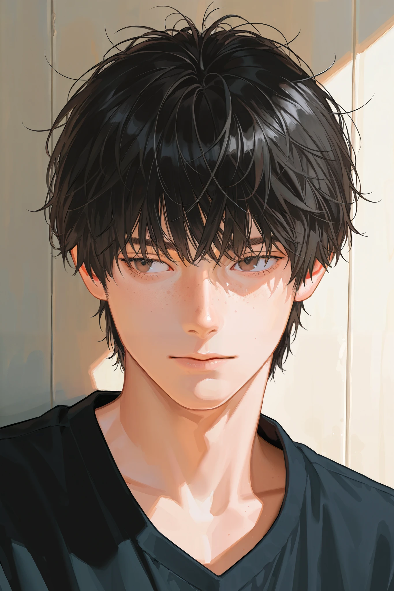 Mature male, handsome, messy bangs, messy hair, short hair, jfcut, brown eyes, black hair, freckles ,male focus, handsome man, thickly painted, semi-realistic art, semi-realistic art style