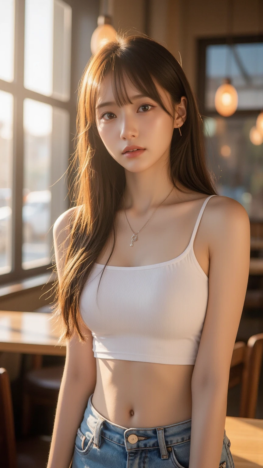 ((realistic lighting, best quality, 8K, masterpiece: 1.3)), clear focus: 1.2, 1 woman, perfect look: 1.4, slim abs: 1.1, ((dark brown hair)), (white crop top: 1.4), (outdoor, night: 1.1), city street, super fine face, good eyes, double eyelid,