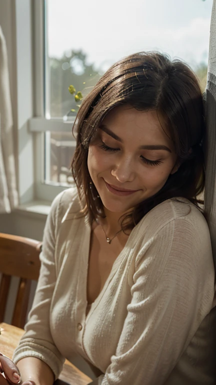 

"A high-quality illustration, in the style of the movie *Your Name*, depicting a woman in an emotional close-up. She is in her home, a cozy house filled with details that convey warmth and familiarity. The woman is wearing an elegant suit but is in the process of , symbolizing the act of returning to herself, releasing external pressures. Her eyes are closed, and a soft, serene smile lights up her face, conveying a sense of peace and relief. The scene is a masterpiece of details, with soft lighting and vibrant colors reminiscent of the unique visual style of *Your Name*, blending realism and dreamlike elements. The background of the house is blurred, but small details like photographs on a table or a window with curtains gently swaying in the wind are still visible, adding depth and context to the narrative."

**Additional Details for Refinement:**
- **Style:** Illustration in the style of *Your Name*, with smooth lines, vibrant colors, and a balance between realism and fantasy.
- **Lighting:** Warm and diffused light, creating soft shadows and highlighting the woman's facial expression.
- **Focus:** The close-up of the woman's face, with attention to emotional details like her serene smile and closed eyes.
- **Atmosphere:** The scene should convey a sense of returning home, comfort, and self-discovery.

**Suggested Title:**  
**"Returning Home: A Smile of Peace"**  

