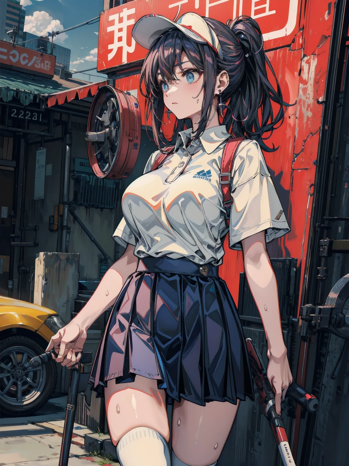 kuwanamaki, black hair with brown highlights, red eyes, white shirt, short pleated skirt, (from behind), thighs, ass