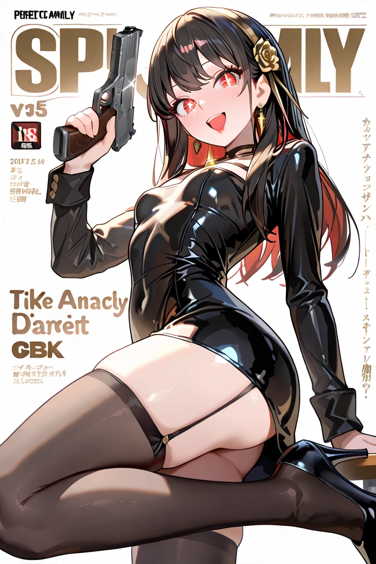 (topless), nsfw, masterpiece, magazine cover, 1 girl, erect nipples, nipples, navel, necklace, denim shorts, smiling, horse ears, horse tail, bare breasts, bare stomach, sweaty, cowboy shot, small breasts, puffy nipples, black belt, leg strap, hair ribbon, texts, bare arms, hands on waist, elbows, happy, light brown hair