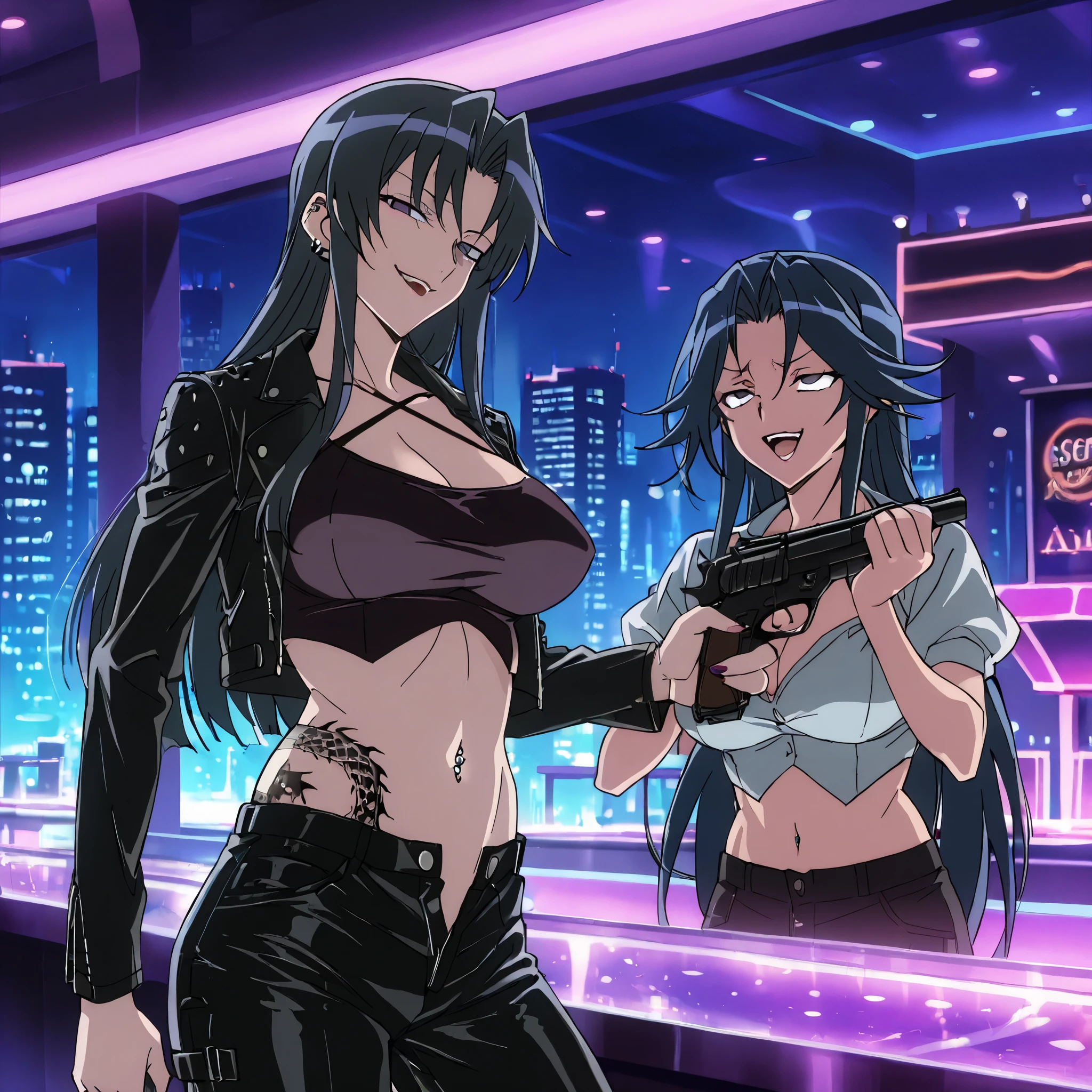 2girl, two girls, big breasts, blush, perfect quality, blush, lipstick, long hair, crazy eyes ,Hot girl, baddie, staring, glaring, bad attitude, mean girl, dare, angry, hate, crazy, smoking, sensual, attractive, nightclub, outdoors, rooftop, cityscape, building, railing, night, city lights, fur trim, mature female, gloves, fur-trimmed coat ,masterpiece, best quality, highly detailed, a girls with a gun, open mouth, blazer, sexy gaze, (nsfw) not
safe for work, badass pose , evil smile, smile, black bra, anime girl with long hair, long haired girl,
navel, evil expression, exposed belly, exposed navel, exposed midriff, exposed lower belly, micro
miniskirt, micro pencil skirt, pencil skirt ,holding a gun, holding pistol, navel piercing