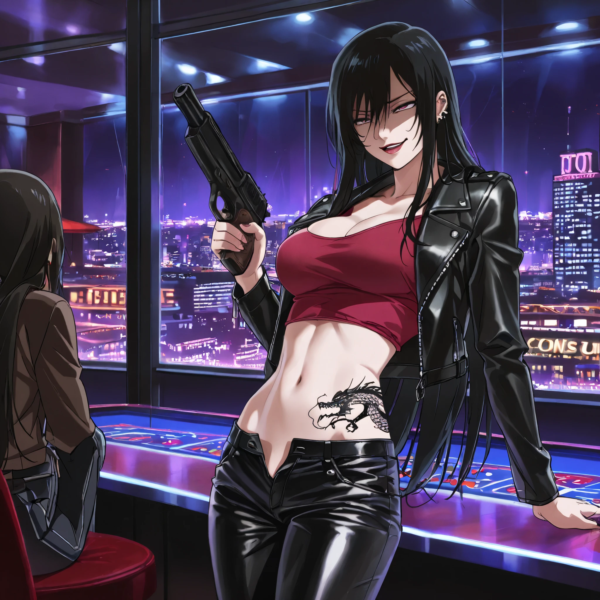 score_9, score_8_up, score_7_up, score_6_up, score_5_up,
Hanebado Style, 2girl, two girls, long hair, ブレザー break masterpiece, best quality, 8k, hyperrealistic, extremely detailed, anatomically accurate, highly detailed skin, medium large breast, ear piercing, long hair, , lipstick,Hot girl, baddie, , sensual, attractive ,bar background, inside bar,indoors, cityscape, casino, nightclub, city lights, masterpiece, best quality, highly detailed, a girls with a gun, evil smile , open mouth, sexy gaze, badass pose , evil smile, smile, (nsfw) not safe for work, guns blazing, anime girl with long hair, beautiful long haired girl, navel, evil expression, exposed belly, exposed navel, exposed midriff, exposed lower belly, long black pants, , cleavage, unbuttoned leather pants ,open fly, low rise black leather pants, leather jacket, holding a gun, holding pistol,, dragon tattoo, narrowed eyes, tattoo midriff , smirk
