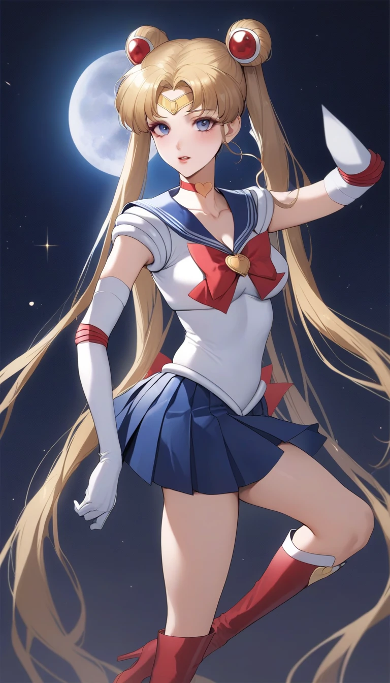 Sailor Moon, 1 girl, blonde hair, long hair, blue eyes, detailed eyes, simple background, female focus, alone, standing, Usagi Tsukino, portrait, full body, (Masterpiece:1.0), (best quality:1.0), (8k wallpaper:1.0), (detailed beautiful face:1.0), (detailed deep eyes), deep eyes, looking at viewer, sailor explorer, red bow on chest, blue skirt, white gloves, big breasts, bare abdomen , pink panties, upskirt panties,