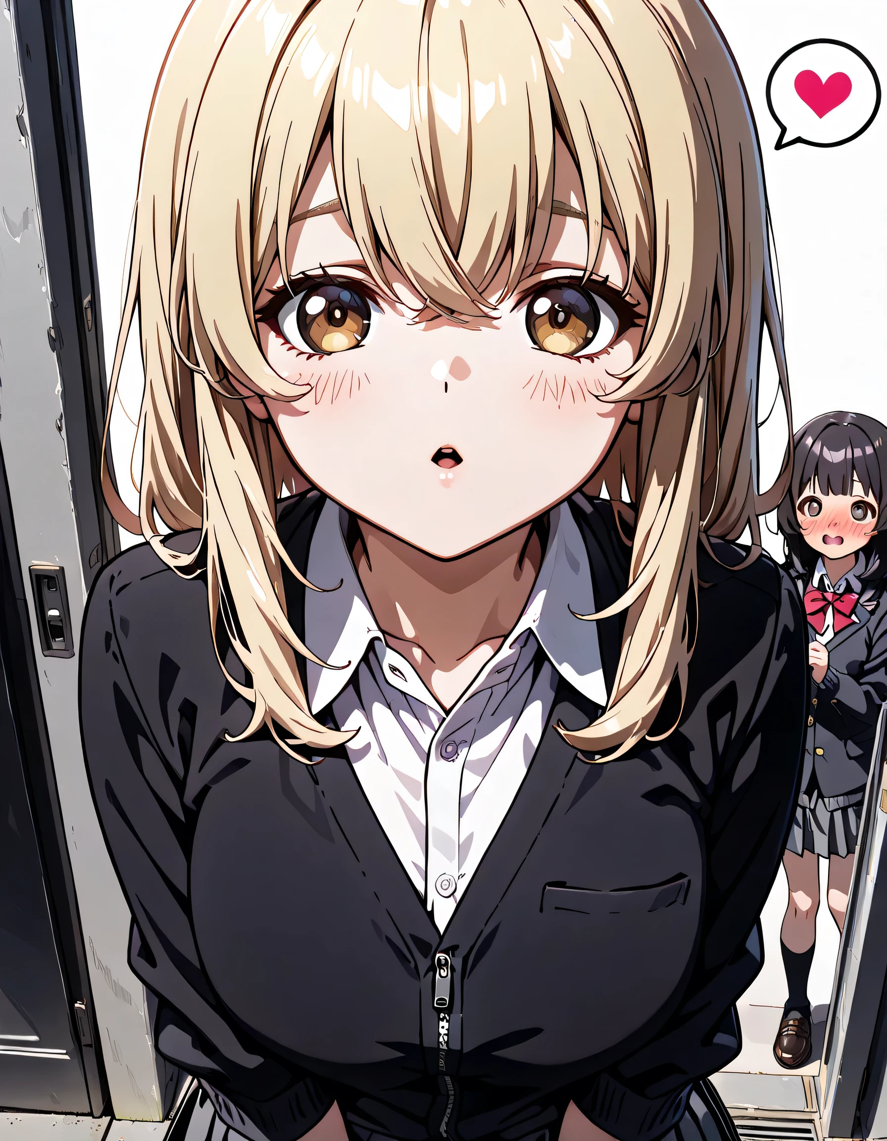 ((ultra-detailed)), (highly detailed CG illustration), (best quality:1.2), ultra-highly detailed, colorful composition, artistic photoshoot, 1girl, solo focus, ((upper body:1.4)), moe anime character, girl, dainty facial structure, (bab(round face), ((rounded chin:1.2)), kana_higa, long hair, blonde, yellow eyes, brown eyes, black skin woman, school uniform, collared shirt, chest, cleavage, white shirt, wrist scrunch, rolled up sleeves, wrist scrunch, pleated skirt, waist clothes, black jacket, zipper, white shorts, ((smile)), ((shy:1.4)), ((slaver:1.4)), ((incoming kiss:1.4)), ((full faceblush:1.4)), ((looking viewer)), ((Sweat:1.4)), ((spoken heart:1.4)), ((pink heart background)), from front, best quality, masterpiece, expecting, pink cheek, blush, light pink gloss slip, portrait, depth of field, soft lighting, sidelighting, (shine), lighting, caustics, ray tracing, perfect face, lustrous skin, highly detailed face, perfect face, perfect nose, perfect hair, perfect anatomy, beautiful hair, beautiful small face, extremely detailed face, beautiful clavicle, beautiful body, beautiful ample breasts, leavage, breasts squeezed together, equalize the size of the left and right breasts, beautiful fingers, 4 fingers, 1 thumb, lovely, (very detailed background:1.0), (highly detailed background:1.0), spring aesthetic, intricate details, joyful atmosphere, spring colors palette, chromatic aberration