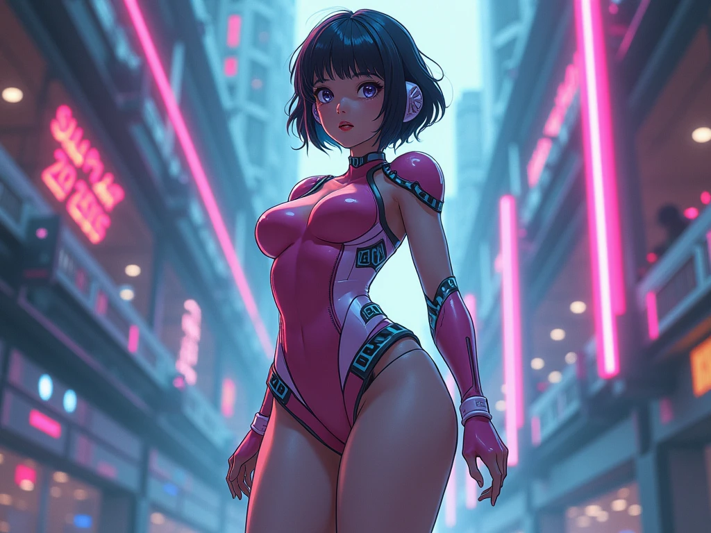 ((solo,1woman, mature, alone))), sashacyberpunk, ((black hair, short hair, glowing blue eyes, wide eyes, makeup, narrow waist, skinny, medium breasts)), pelvic curtain, ((pink panties, pink bra)), full body, perfect body, (insanely detailed, beautiful detailed face, masterpiece, best quality), (extremely detailed 8k paper CG wall unit: 1.1), (street settings, night city, cyberpunk), (smile face for the viewer), cameltoe view
