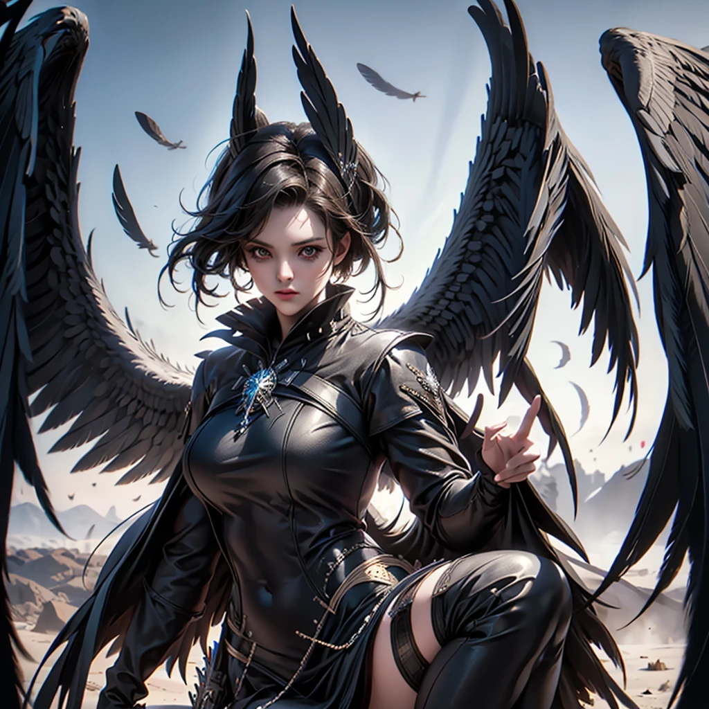 ((best qualtiy)), ((tmasterpiece)), ((Realistis)), (A detailed), (realisticlying:1.5),illusory engine, (High detail: 1.9),(femele:1.4),(big breasts beautiful: 1.4),(carismatic:1.3), (Large breasts), Female angel,Black feathered wings,beuaty girl,beauitful face, looking at viewert, dynamicposes, postapocalyptic, Destroyed city background, scientific fiction, hdr, Ray traching, NVIDIA RTX, Hyper-Resolution, Unreal 5, sub surface scattering, PBR textures, Post-processing, Anisotropic filtering, depth of fields, Maximum clarity and sharpness, trichotomy,8K original,(Luminous Particle:1.4),(VerydetailedCG,Unity 8k壁纸,cinmatic lighting,lens flare glow),Reflectors,Sharp focus,black toga,Raised sexy