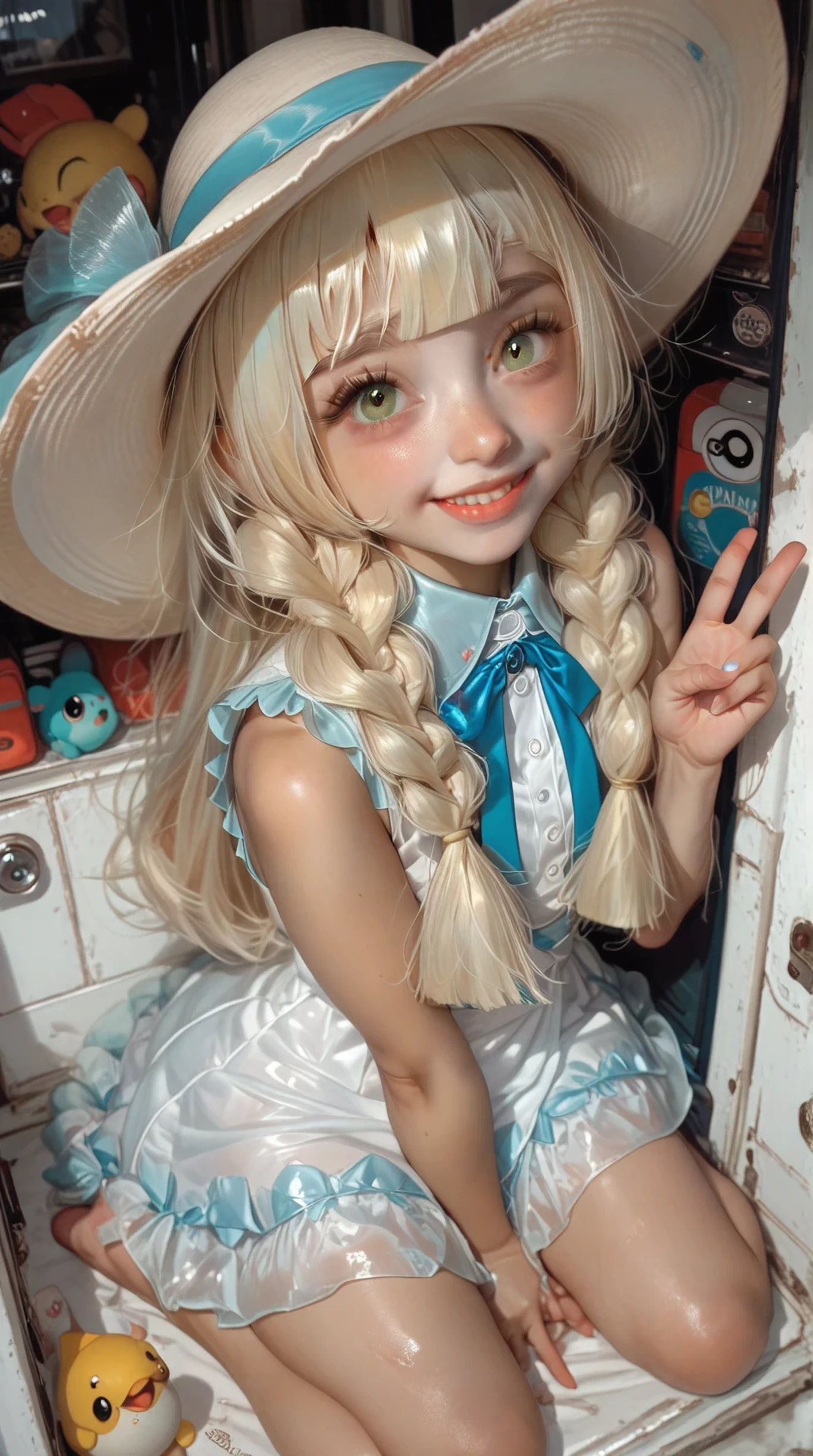 score_9, score_8_up, score_7_up, 1loli, 1child body, ite, small, young, looking at viewer, lillie \(pokemon\), 1girl,sun hat,blue ribbon,blonde hair, long hair,twin braids,blunt bangs,green eyes,bare arms,sleeveless dress, collared dress,sun dress, sitting, smile, happy, peace sign, fully clothed, full body,