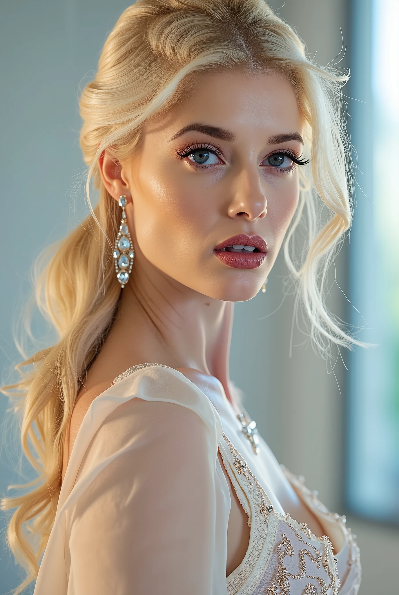 The reflective surfaces of her earrings and outfit create a dynamic interplay with the environment, emphasizing her sleek presence. The minimalist background allows the viewer to focus on her eye-catching fashion and makeup. Captured with a Sony A7R IV camera and a 50mm f/1.2 G Master lens for a beauty editorial shoot, this composition highlights her fashion-forward aesthetic. Inspired by avant-garde fashion photography from Sølve Sundsbø, this image blends contemporary fashion and minimalist elegance, embodying mythp0rt and niji_flux styles for a sleek, high-fashion vision. ((glow_skin, iridescent skin, oily skin, blond hair, portrait))