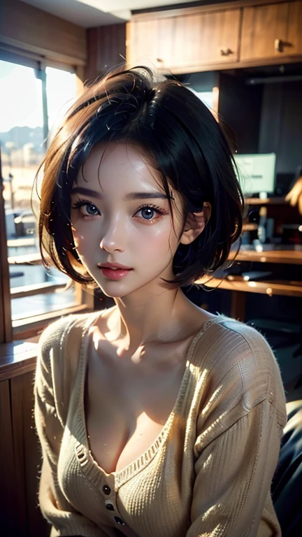 fanciful。one-girl,sitted,Bare shoulders,Detailed pubic hair(((baggy)))whitesweater,half-body portrait,((Look into the distance)),stunningly beautiful,mint bob hair,Blushlush,humble,desks,Duan,mano。The is very detailed。cinmatic lighting,(NSFW:1.27)