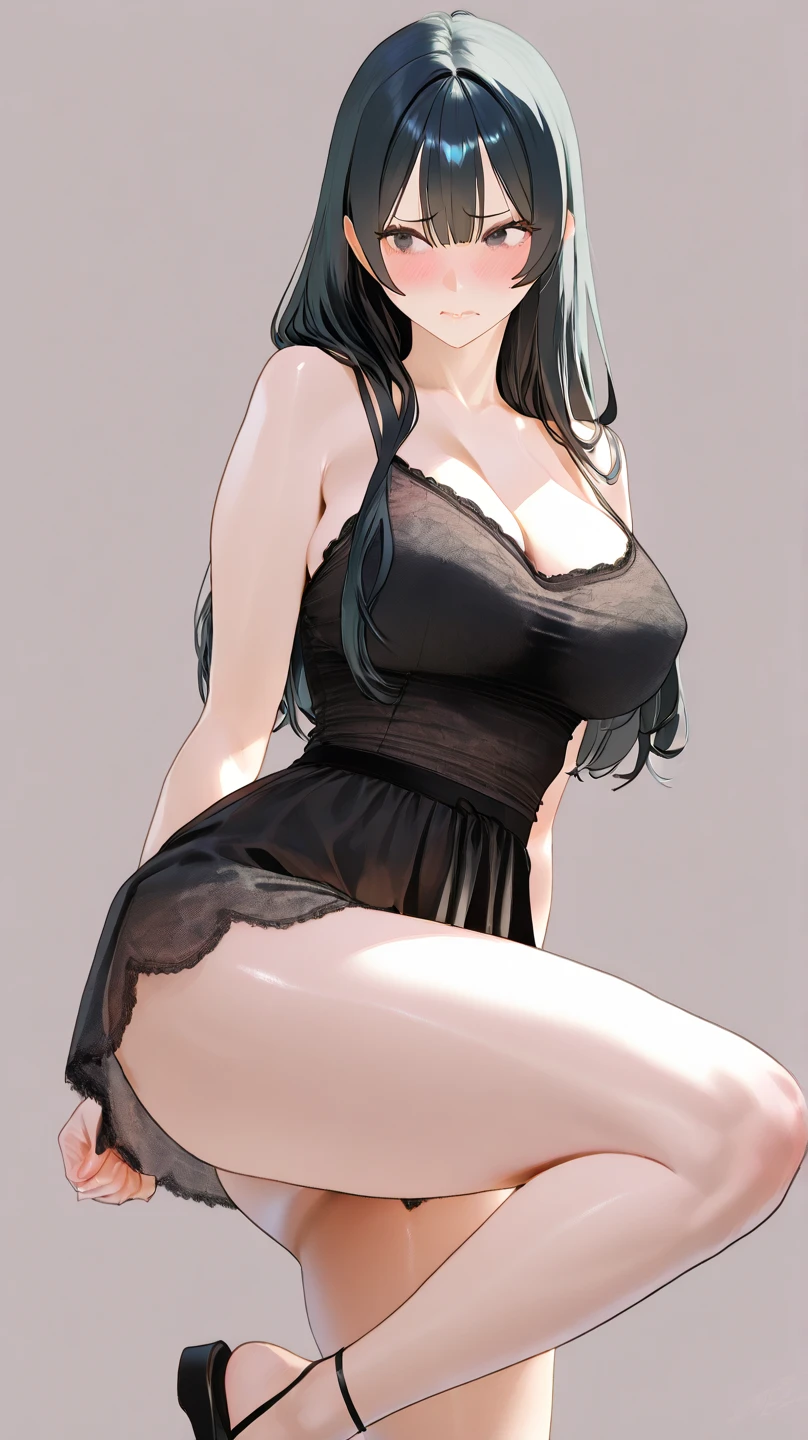((Nezuko Komado)), thick thighs, elegant, beautiful, big breasts, big hips, thin waist, (long black wavy hair with pink highlights), maxi dress, masturbation, self-pleasure, lingerie, adultery, indecent, vulgar, (best quality,4k,8k,highres,masterpiece:1.2),ultra-detailed,(realistic,photorealistic,photo-realistic:1.37),intricate details, delicate facial features, beautiful pink eyes, ulzzang, long eyelashes, small nose, full lips, porcelain skin, natural lighting, warm color palette, chiaroscuro lighting, dramatic shadows, sensual, alluring, mature themes, artistic, dreamlike, ethereal, ((arms behind back)), looking at viewer, straight on, white panties,