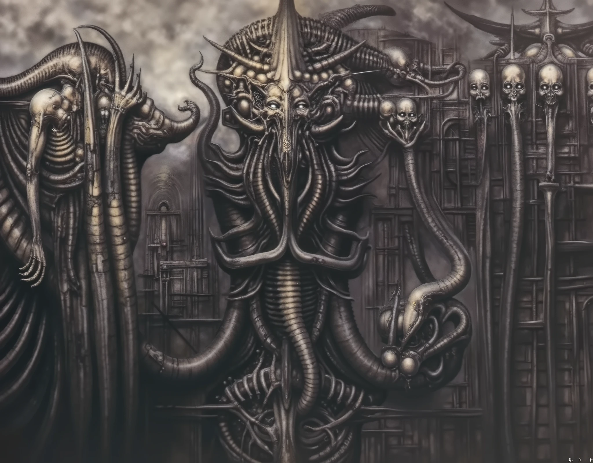 Please reproduce the original image as accurately as possible, capturing the intricate details of the biomechanical structures, the dramatic lighting, and the overall sense of unease. Find and enhance depiction of Giger's demons and creatures.(best quality:1.4). Use DARK BLACK COLORS.The final image should evoke the same sense of awe and dread as the original artwork by H.R. Giger,, (best quality:1.4), H.R. GIGER, BY GIGER, a mural depicting a antient dark god with dark powers connected to death and darkness, tendrils stretch from there fingertips, monsters lay at there feet, it is the mother of monsters, she feeds the monsters via tentacles on her fingertips, mother of all monsters, codex, her eyes shine, golden details, she feeds monsters, symmetrical, perfect, evil, darkness,