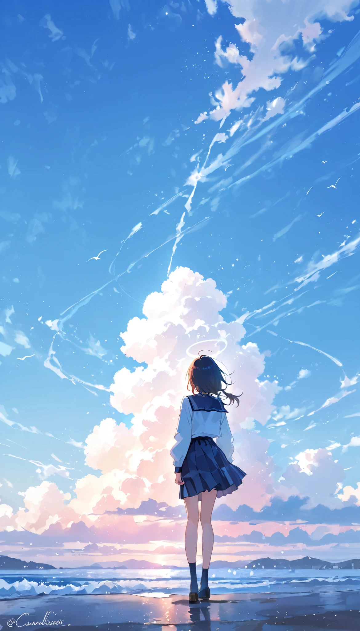 watercolor、one girl、smiles、 beautiful scenery、Cumulonimbus、 blue sky、
