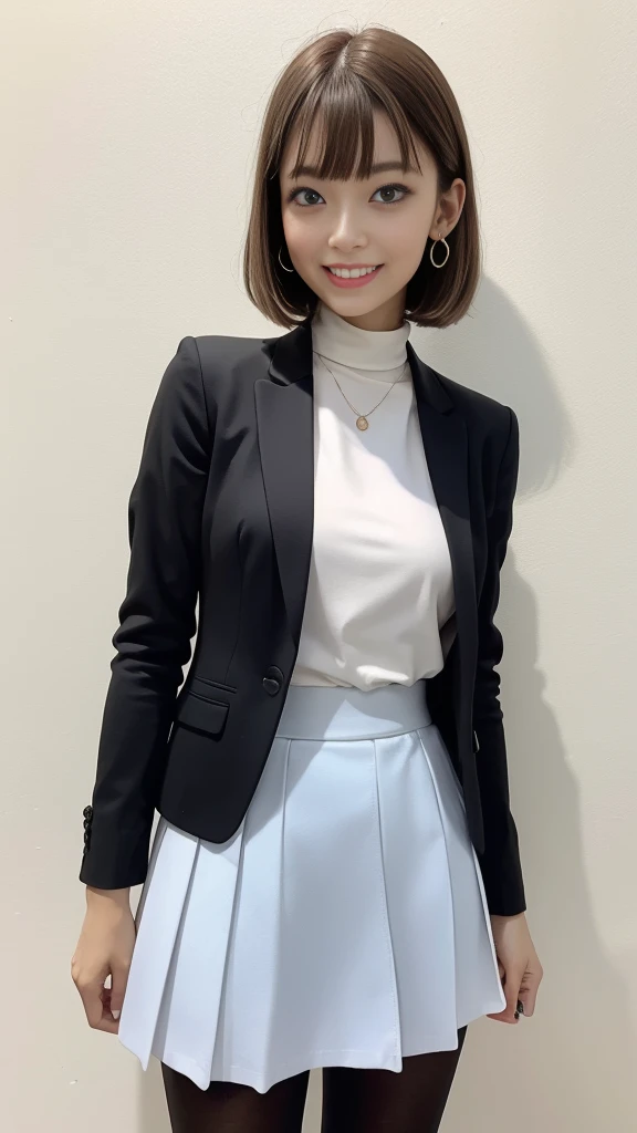 Raise your hand,In-house、Wearing a business jacket,Wear a shirt,look at the camera with a smile、(Panties:1.5)、woman, 20-year-old, Short Hair,私のPantiesを露出させてください...、(レースのPantiesー)、(Tilt your head a little)、Detailed skin、Detailed skin、Detailed Sweat