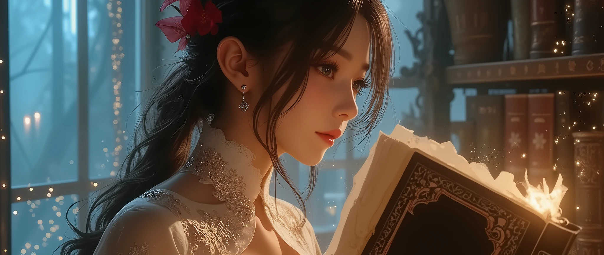 NSFW, (close up A Forbidden Book:2.0), best quality , high image quality during sick leave, 16k, unbelievably ridiculous , very well detailed, 2.5D, delicate and dynamic, cute sexy girl, (Big Breasts、deep cleavage、Nipples:1.8), captivating smile on the top of the head, , close up back view of a beautiful busty Japanese girl in a kimono reading a large very old forbidden book at hidden library, view from outside, glitter effect, silence, quiet,, diffuse reflection of light, , glitter effect