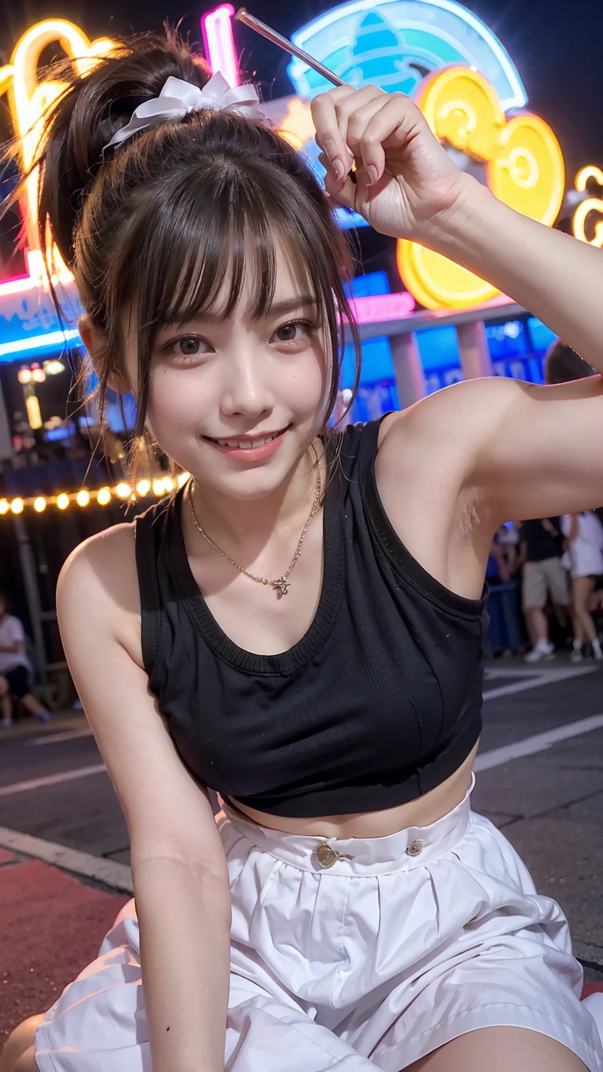 High resolution, Highest quality, super high quality, Ultra-detailed, Cinematic lighting、On the street、Sweaty、Sweat、Black-haired、Idol girl singing on the bandstand、Big smile、sunny day、Spread your legs、Spread your legs、sunny day、Full nudity、huge 、Nipples、Browsing Caution、punk
