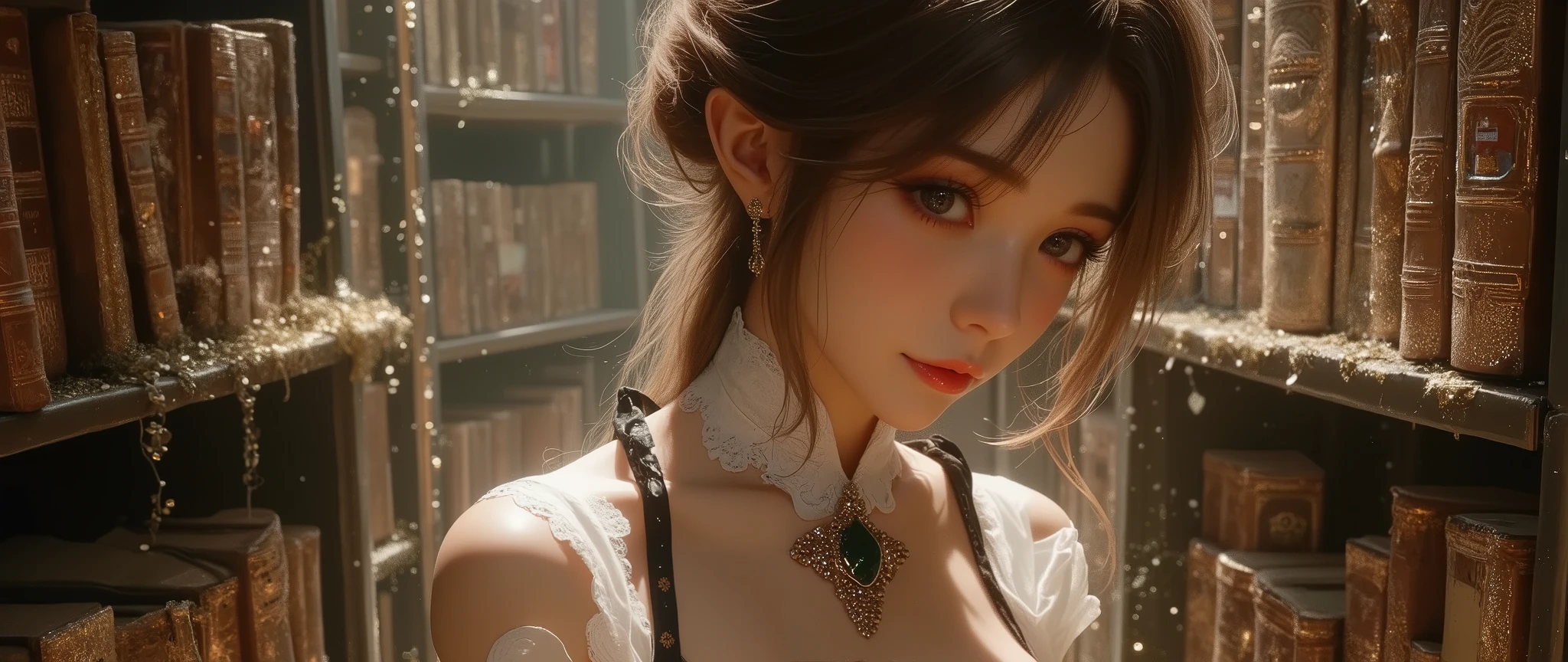 NSFW, (close up A Forbidden Book:2.0), best quality , high image quality during sick leave, 16k, unbelievably ridiculous , very well detailed, 2.5D, delicate and dynamic, cute sexy girl, (Big Breasts、deep cleavage、Nipples:1.8), captivating smile on the top of the head, , close up back view of a beautiful busty Japanese girl in a kimono reading a large very old forbidden book at hidden library, view from outside, glitter effect, silence, quiet,, diffuse reflection of light, , glitter effect