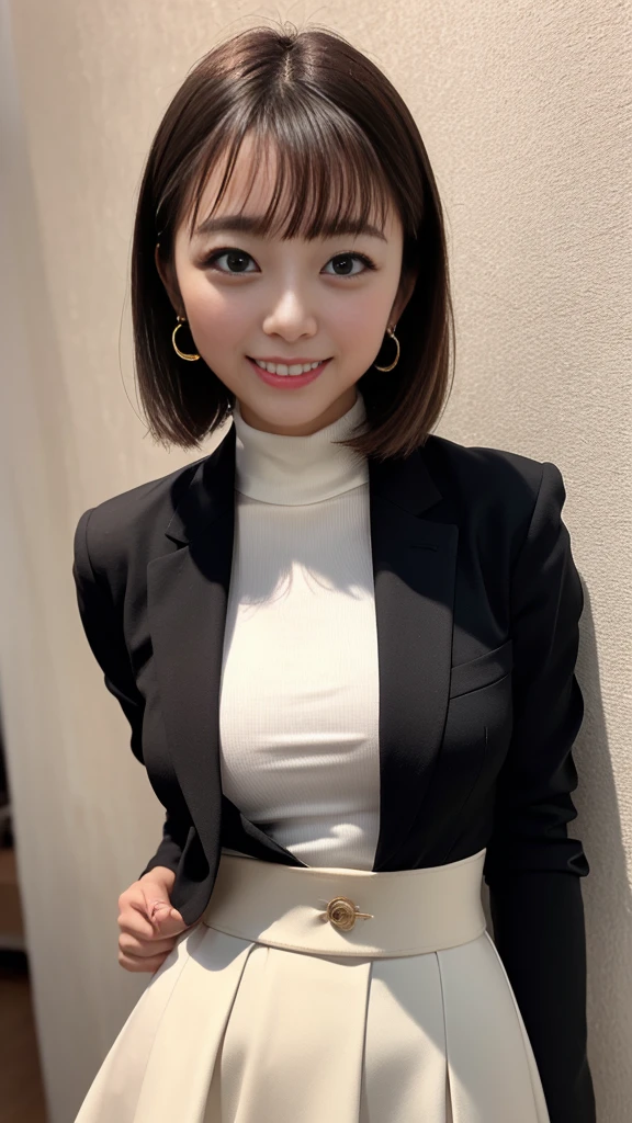Raise your hand,In-house、Wearing a business jacket,Wear a shirt,look at the camera with a smile、(Panties:1.5)、woman, 20-year-old, Short Hair,私のPantiesを露出させてください...、(レースのPantiesー)、(Tilt your head a little)、Detailed skin、Detailed skin、Detailed Sweat