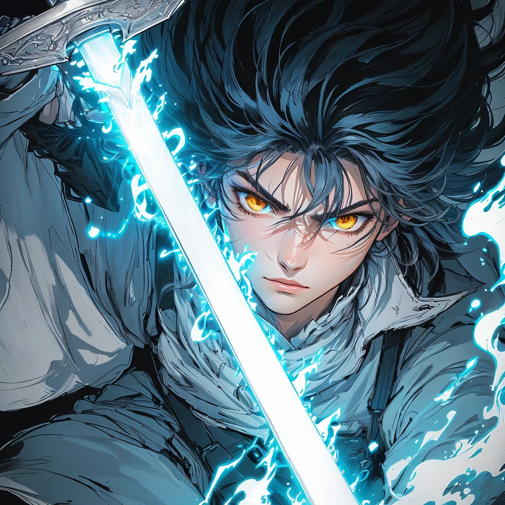 Name: Reiner Age: 19 Gender: Male Appearance: Reiner has sleek black hair that lays flat and messy on his forehead, complementing his striking blue sparkly eyes. He is often seen wearing a blue flame haori over his black demon slayer uniform. His weapon of choice is a blue flame sword with a black hilt, which he wields with precision and skill. Adding to his intimidating presence are the blue flame horns that protrude from his forehead, a unique trait that sets him apart as a formidable demon slayer. With his determined gaze and unwavering courage, Reiner stands ready to face any demon that crosses his path.