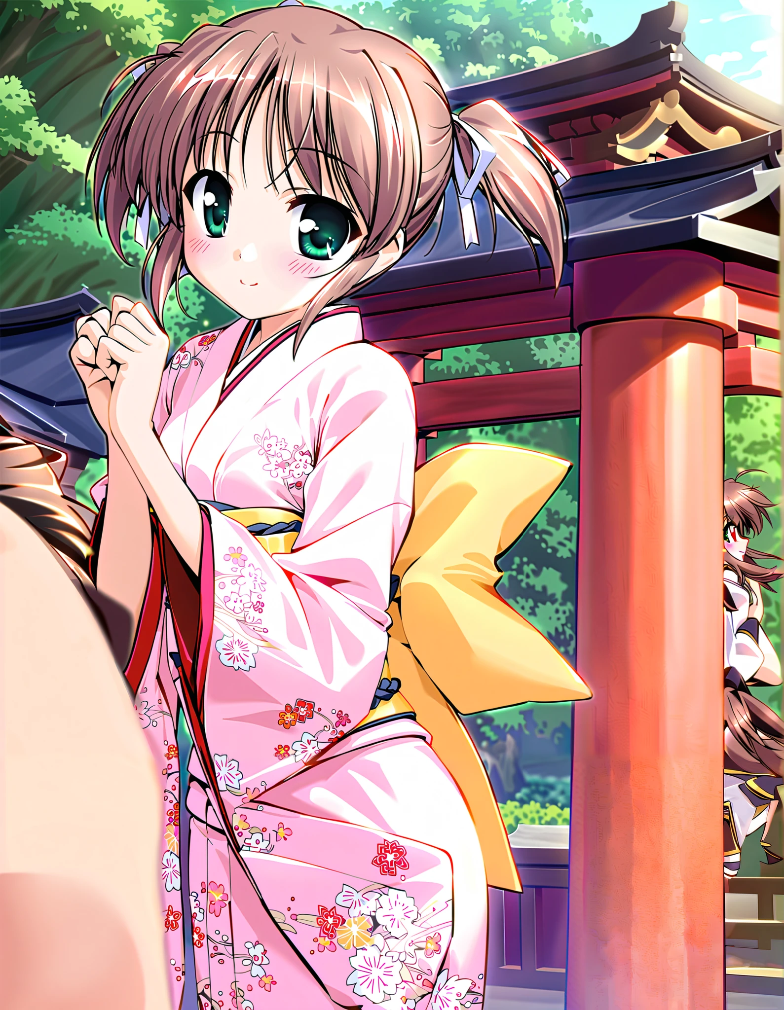 Asagiri Mai_3age, Alone, (cowboy shot), brown hair, short hair, hair ribbon, twintails, green eyes, small breasts, (Cute Japanese clothes), (Cute Poses), (Shichi-go-san), (Red cheeks:1.2), (bright smile:1.1), (shrine), (morning), score_9, score_8_superior, score_7_superior, source_anime, (best quality:1.2), 細部までこだわったanime, high quality, full color, 8k, high resolution