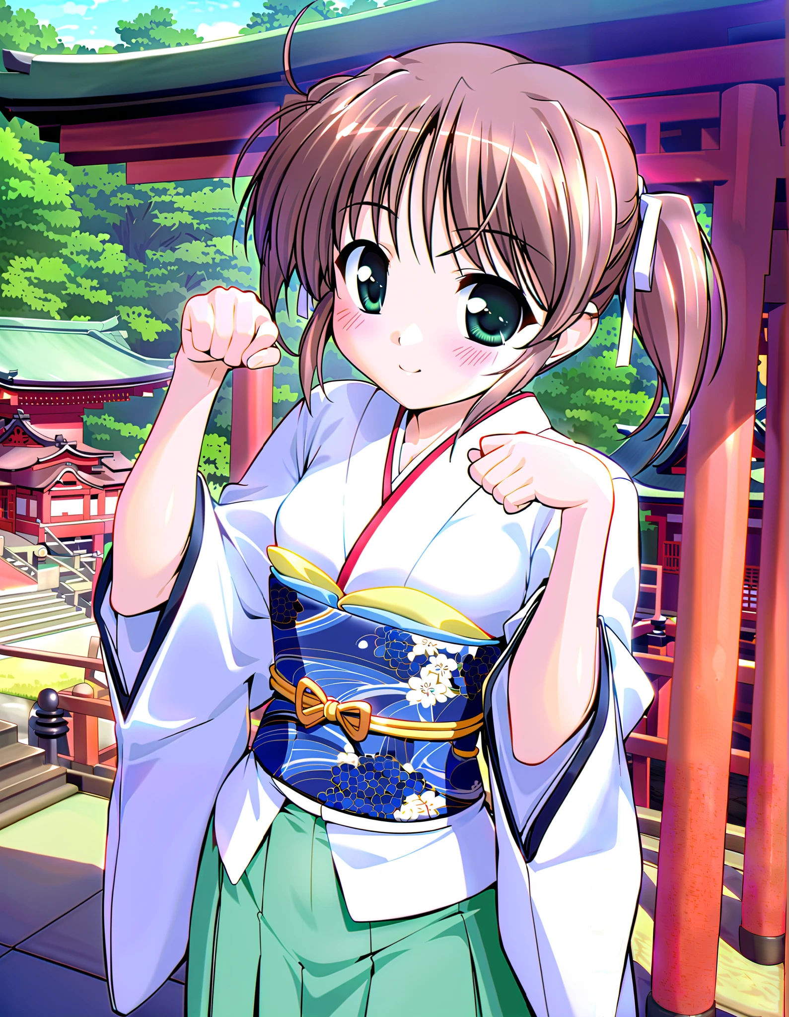 Asagiri Mai_3age, Alone, (cowboy shot), brown hair, short hair, hair ribbon, twintails, green eyes, small breasts, (Cute Japanese clothes), (Hug pose), (Shichi-go-san), (Red cheeks:1.2), (bright smile:1.1), (shrine), (morning), score_9, score_8_superior, score_7_superior, source_anime, (best quality:1.2), 細部までこだわったanime, high quality, full color, 8k, high resolution