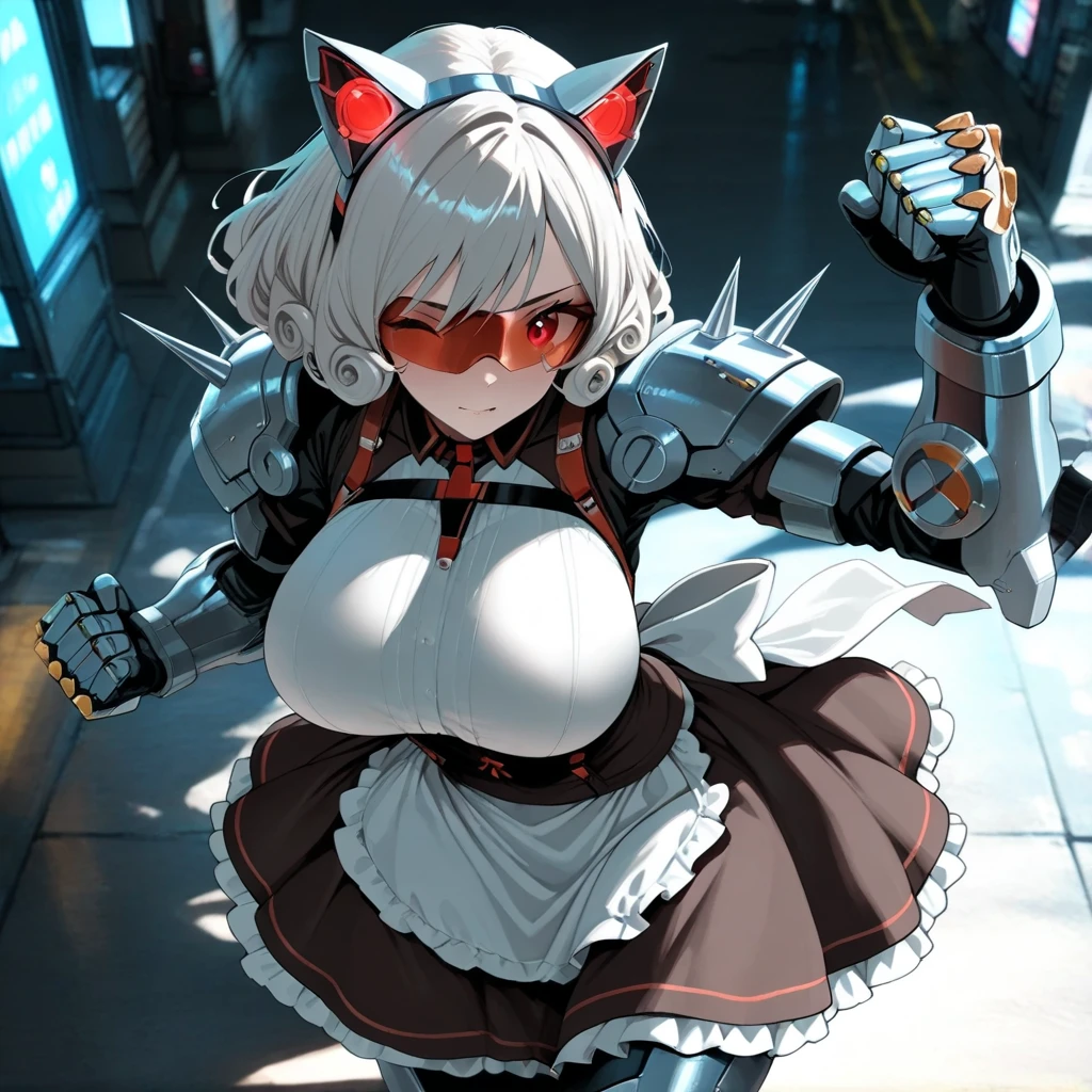 (Absurd Resolution:1.2), (ultra delicate:1.2), (masterpiece:1.2), (Photorealistic), (top-quality), BREAK (Two characters: one is a cute girl, the other is a Mouse robot), super fine concept art, intricate details, hard surface, BREAK (cute 1girl), (finely detailed eyes and finely detailed face:1.2), BREAK (ultra fine-blue-cute-eyes:1.3), (Expression ultra detailed glowing Pupil), (ultra detailed Expression eyelashes), (ultra delicate Long Straight Hair white hair, hairs between eyes), (beautiful Glossy lips), BREAK (slim body and gigantic breasts:1.3), narrow waist, leggy, curvy is body without muscles, (Shiny realistic pale skin texture:1.2), precise anatomy, (4 defined fingers), (1 defined t thumb), breathtaking expression, BREAK (intricate black-Mechanical-Armor-dress, bare-Thighs:1.2), glowing energy Core, BREAK Seductive pose, (Crisp focus, eye focus:1.2), (full body shot, shoot from front, high angle shot), BREAK cinematic composition, vibrant colors, A large combat robot can be seen in the background,