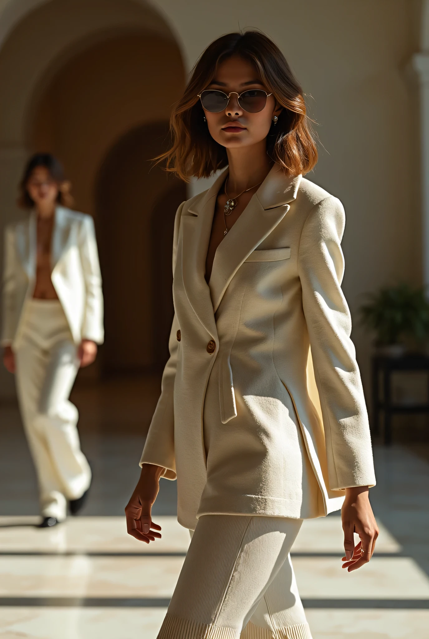 Kendall JEnner qui porte un blazer sans soutien gorge dans un magasin de vetements. Jambes apparentes.