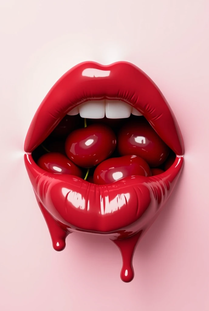 A watercolor illustration of shimmering red lips with white teeth. The lips feature an iridescent, red-pink finish, and the "blood" is a glittering pink with a pearlescent sheen. There are two red iridescent cherries sitting on the bow of the lips. The background is plain and white.