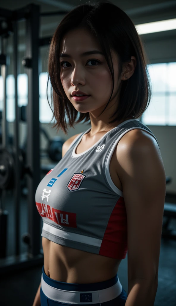 (2girls:1.2), (a detailed full-body RAW photo of a girl), (masutepiece:1.0), (Best Quality:1.4), (超A high resolution:1.2), (Photorealistic:1.4), 8K resolution, Canon EOS R5, 50mm, absurderes, ultra-detailliert, (35 year old), Sharp Focus, Cinematic lighting, Detailed beautiful face, (no-makeup:1.2), (ulzzang -6500-v1.1), petite figure, Detailed skin texture, flat chest, (skinny and fit body:1.6), Detailed brown hair,  sweltering,(Very short hair:1.5), realistic glistening skin, (Sweating:1.4), detailed texture, (Japan athletes:1.5), (flat chest:1.5), (Erect nipples:1.2), ((fit soccer uniform:1.5)