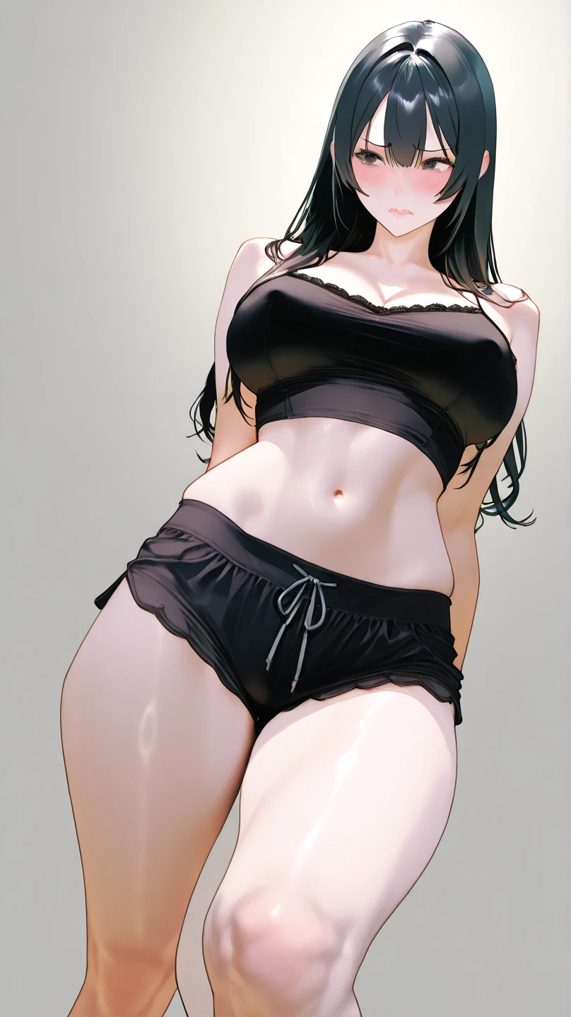 (high quality, 8k, 4K, high contrast, artwork:1.2, high quality, best aesthetics), (centered), ((1 woman)), erotic, sensual, mature body, super detailed, beautiful face detailed, beautiful eyes detailed, detailed beautiful mouth, perfect breats, perfect wide thighs, (long wavy black hair), (black eyes), (serious expression), (piercing gaze), (looking at viewer), (black lipstick), (half naked), (Brazilian bra), (Brazilian thong panties), (front view), (standing), (black rabbit ears)