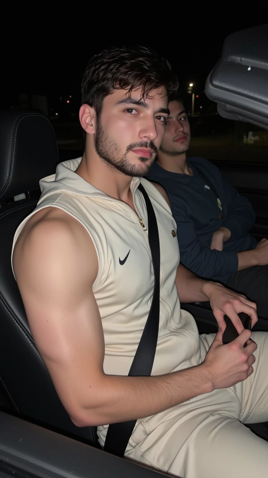 Add a very thin shirtless effeminate gay man, groping and taking advantage of the other man, hugged, kissing.