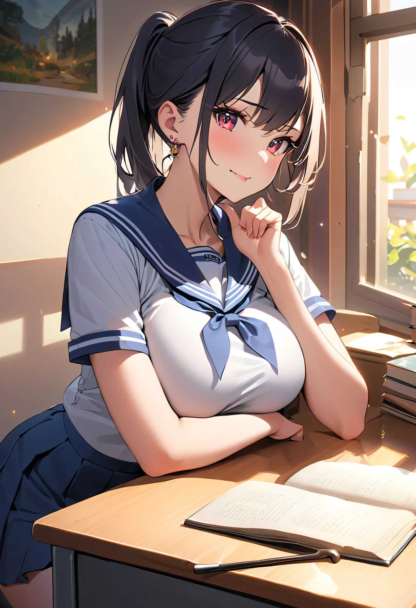 top quality、high resolution、(high image quality during sick leave:1.4)、masterpiece、Detailed Background、highly detailed faces that insist on buttocks、detailed eyes、age beauty、 huge breasts、(Normal number of fingers:1.3)、anatomically correct、perfect body line、After School Library、Quiet Library、The orange light in the evening gently illuminates the window seat、
(A girl in a sailor suit is reading a book while putting her elbow on her desk:1.5)、
(The uniform shirt is slightly loose and sexy, yet the feeling of defenselessness is irresistibly cute:1.5)、
(Staring at me with a cheek cane in a pose where she puts her chin on the desk:1.5)、
My slightly larger glasses seem to slip off and、Glasses Quisse、Casually Lift Your Glasses with One Hand、upturned pose、Gently Illuminates the Window Seat、A small smile、I'm so excited when I shake my neck、A white sailor shirt with a slightly open collar and an adult-like atmosphere、} A short pleated skirt that swings softly every time you move、Simple, thin-framed glasses that create intellectual cuteness、Loafers and Neat High Socks、low ponytail、Fluffy Semi-Long、Small Earrings and Chokers、Intellect, Sexiness, and Cuteness of White、cute