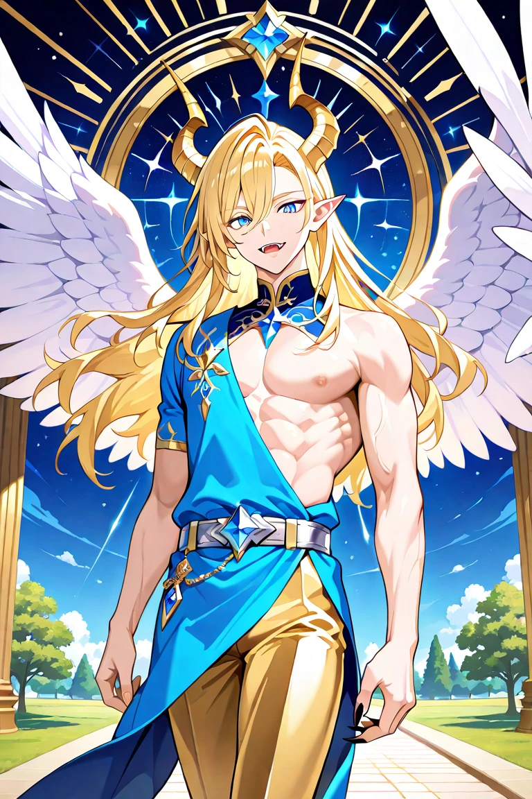 very young man with wavy blonde hair, semi-round face, golden eyes, big smile, cute, with white angel wings, naked showing his cock