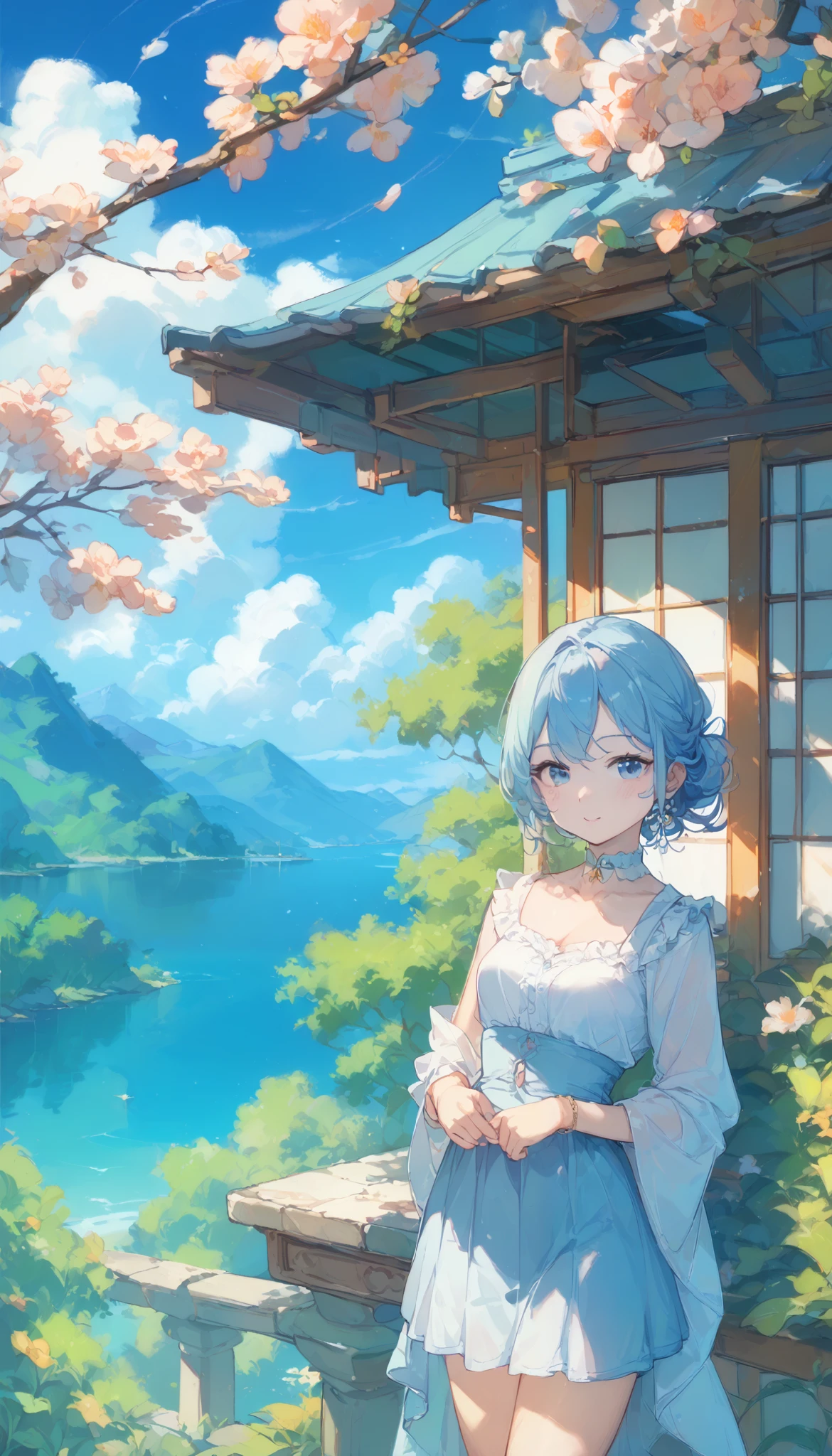 top quality、masterpiece、one girl、smiles、 beautiful scenery、Cumulonimbus、blue sky、goddess