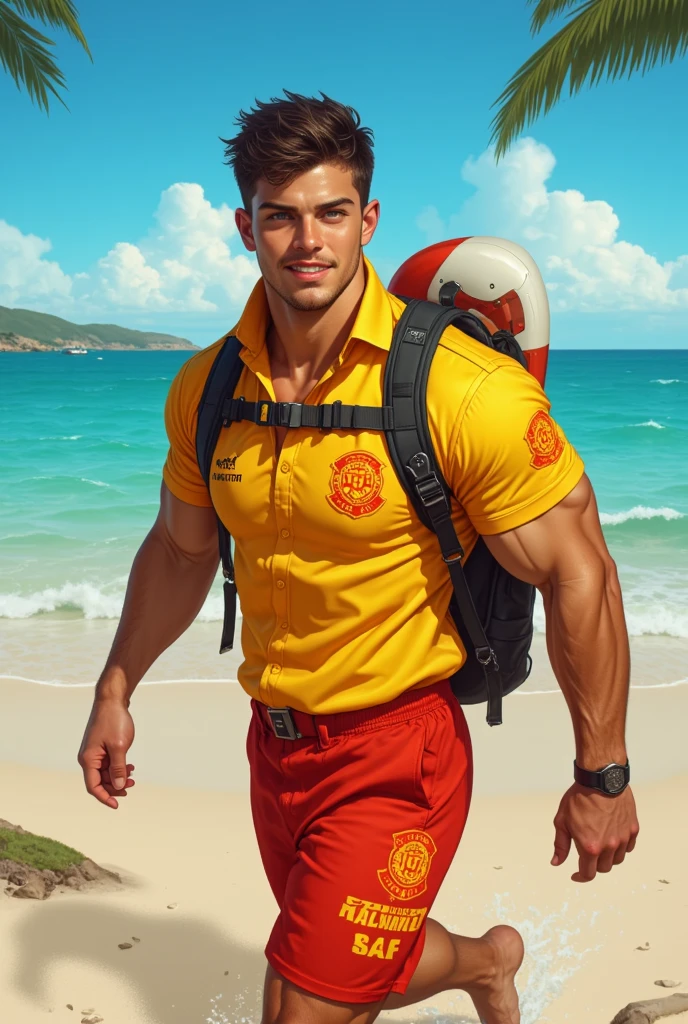 photo of ryanperson <lora:ryan_xl_epoch_8:1> wearing red tank-top shirt with white cross logo and shorts, beach, sand dunes, sitting in lifeguard hut
