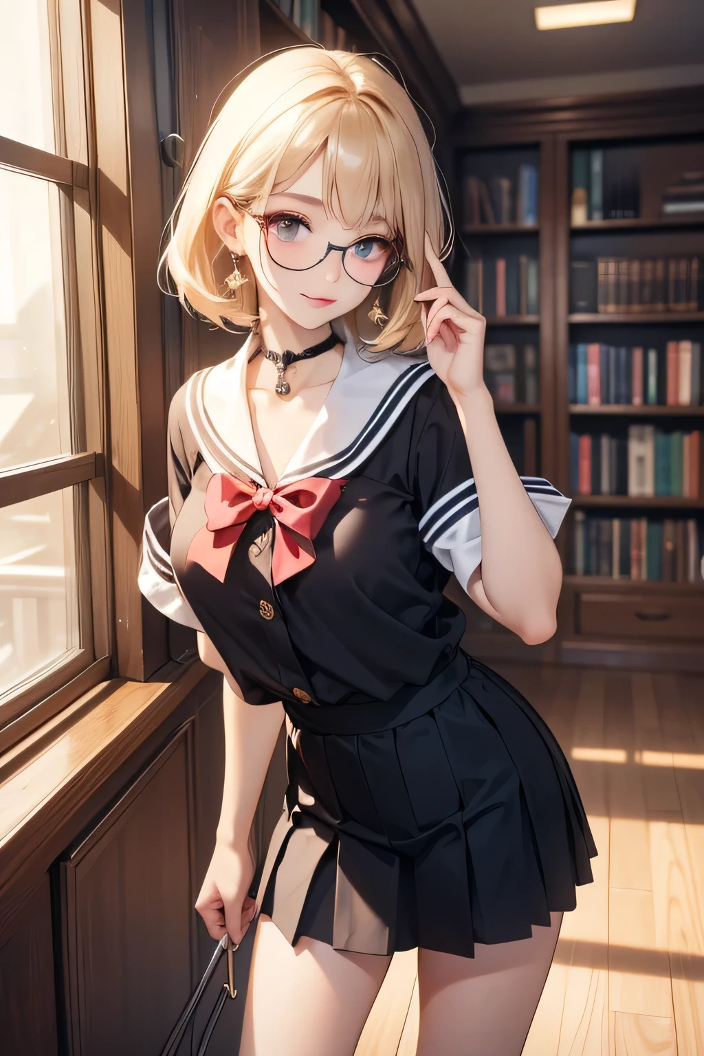 top quality、high resolution、(high image quality during sick leave:1.4)、masterpiece、Detailed Background、highly detailed faces that insist on buttocks、detailed eyes、age beauty、( huge breasts:1.3)、(Normal number of fingers:1.3)、anatomically correct、perfect body line、After School Library、Quiet Library、The orange light in the evening gently illuminates the window seat、accentuate the chest、accentuate cleavage、
(A girl in a sailor suit is reading a book while putting her elbow on her desk:1.5)、
(The uniform shirt is slightly loose and cute:1.5)、(Staring at me with a cheek cane in a pose where she puts her chin on the desk:1.5)、
My slightly larger glasses seem to slip off and、Glasses Quisse、Casually Lift Your Glasses with One Hand、upturned pose、Gently Illuminates the Window Seat、A small smile、I'm so excited when I shake my neck、A white sailor shirt with a slightly open collar and an adult-like atmosphere、} A short pleated skirt that swings softly every time you move、Simple, thin-framed glasses that create intellectual cuteness、Loafers and Neat High Socks、Fluffy Semi-Long、Small Earrings and Chokers、Intellect, Sexiness, and Cuteness of White、cute