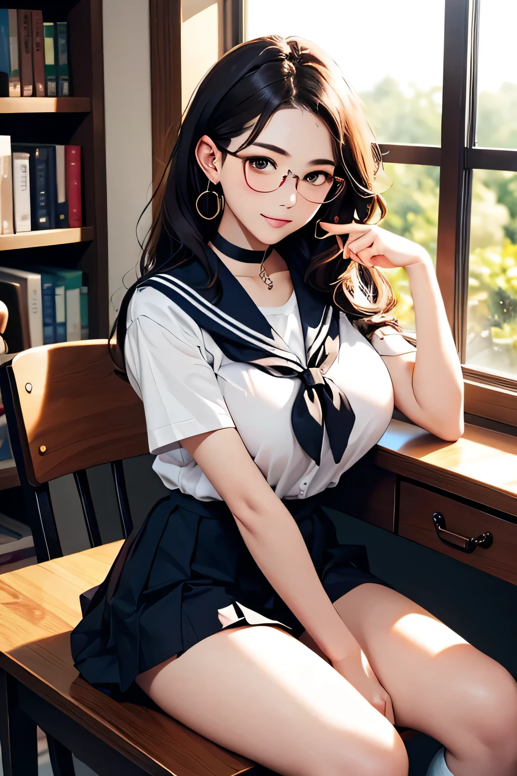 top quality、high resolution、(high image quality during sick leave:1.4)、masterpiece、Detailed Background、highly detailed faces that insist on buttocks、detailed eyes、age beauty、( huge breasts:1.3)、(Normal number of fingers:1.3)、anatomically correct、perfect body line、After School Library、Quiet Library、The orange light in the evening gently illuminates the window seat、accentuate the chest、accentuate cleavage、
(A girl in a sailor suit is reading a book while putting her elbow on her desk:1.5)、
(The uniform shirt is slightly loose and cute:1.5)、(Staring at me with a cheek cane in a pose where she puts her chin on the desk:1.5)、
My slightly larger glasses seem to slip off and、Glasses Quisse、Casually Lift Your Glasses with One Hand、upturned pose、Gently Illuminates the Window Seat、A small smile、I'm so excited when I shake my neck、A white sailor shirt with a slightly open collar and an adult-like atmosphere、} A short pleated skirt that swings softly every time you move、Simple, thin-framed glasses that create intellectual cuteness、Loafers and Neat High Socks、Fluffy Semi-Long、Small Earrings and Chokers、Intellect, Sexiness, and Cuteness of White、cute