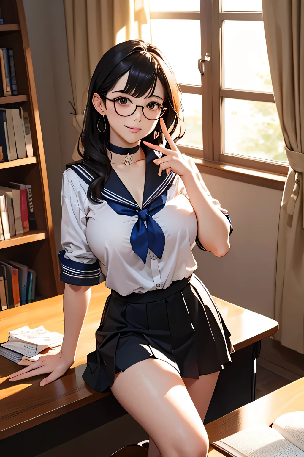 top quality、high resolution、(high image quality during sick leave:1.4)、masterpiece、Detailed Background、highly detailed faces that insist on buttocks、detailed eyes、age beauty、( huge breasts:1.3)、(Normal number of fingers:1.3)、anatomically correct、perfect body line、After School Library、Quiet Library、The orange light in the evening gently illuminates the window seat、accentuate the chest、accentuate cleavage、
(A girl in a sailor suit is reading a book while putting her elbow on her desk:1.5)、
(The uniform shirt is slightly loose and cute:1.5)、(Staring at me with a cheek cane in a pose where she puts her chin on the desk:1.5)、
My slightly larger glasses seem to slip off and、Glasses Quisse、Casually Lift Your Glasses with One Hand、upturned pose、Gently Illuminates the Window Seat、A small smile、I'm so excited when I shake my neck、A white sailor shirt with a slightly open collar and an adult-like atmosphere、} A short pleated skirt that swings softly every time you move、Simple, thin-framed glasses that create intellectual cuteness、Loafers and Neat High Socks、Fluffy Semi-Long、Small Earrings and Chokers、Intellect, Sexiness, and Cuteness of White、cute