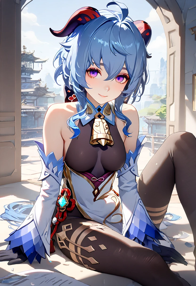masterpiece, best qualityï¼<lora:sganyu_new_xl:1>ï¼chongyun_(genshin_impact), 1boy, solo,high heels, looking at viewer, blush,black gloves, bare shoulders, alternate costume, detached sleeves, chinese knot, neck bell, thighlet, smile, legs, elbow gloves, flower knot, china dress,