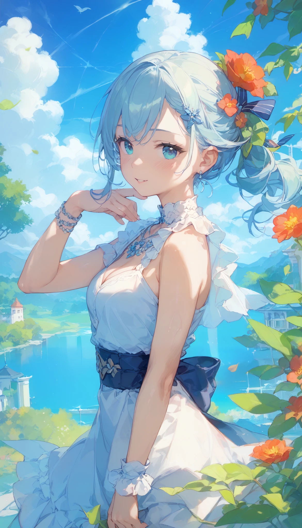 top quality、masterpiece、one girl、smiles、 beautiful scenery、Breakwater、Cumulonimbus、blue sky、goddess