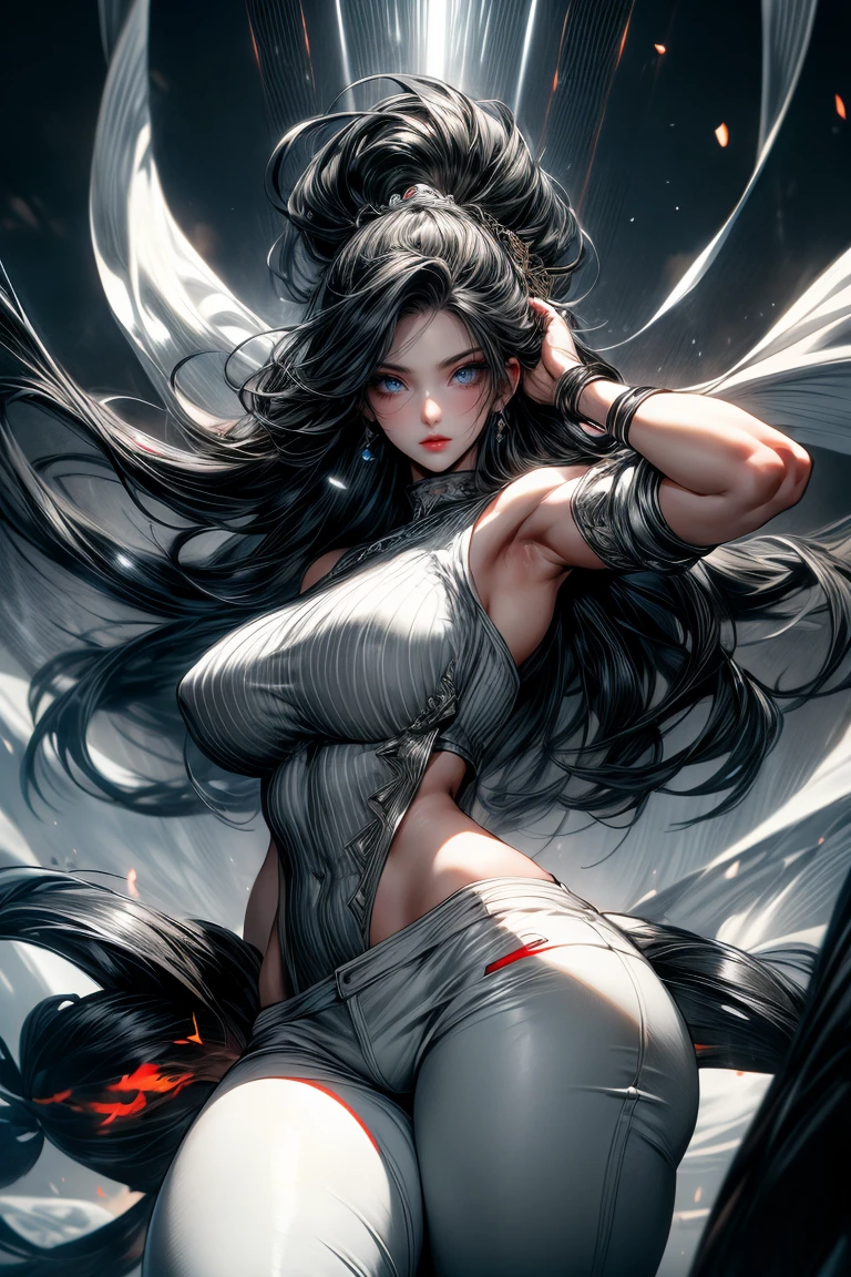 (best quality,4k,8k,highres,masterpiece:1.2),ultra-detailed,(realistic,photorealistic,photo-realistic:1.37), Lucy Liu in a long and flowing but very revealing translucent black and purple Asian dress, angry expression,detailed eyes and face,long eyelashes,tattered black dress,tattered black hair,flowing hair, she has many small scrapes and bruises, dark energy swirling around her,billowing dress,hair blowing in the wind,dark energy sparks off her hands like lightning,head to toe. set at night time in a feudal Asian village, an army of undead follow her