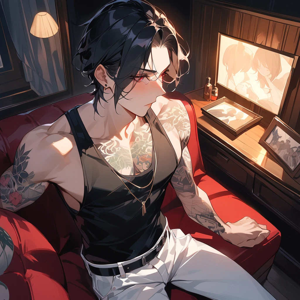 (absurdres, highres, ultra detailed), 1 male, elf adult, handsome, tall slender guy, narrow eyes, narrow shoulders, finely detailed eyes and detailed face, messy shaggy black hair, side bangs, bangs, green eyes, sexy twink, shirtless, final fantasy 14, dog collar, full body shot, backside, back view, submissive expression, bad boy