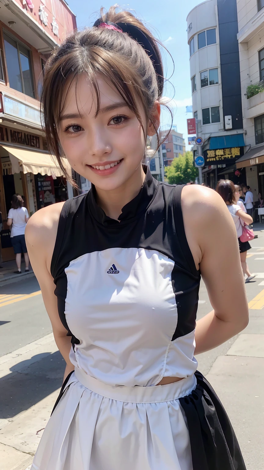 masterpiece, best quality, photorealistic, raw photo, DSLR, 15-year-old beautiful Japanese girl, shiny fair skin, realistic beautiful no makeup face, realistic beautiful bright eyes, double eyelids, look at viewer, smiling, highest detailed shiny black short hair and bangs, disheveled hair, slim figure, slim face, slim waist, big breasts, narrow thighs, thigh gap, ((sportswear, marathon, run on riverside road)), realistic lighting and shadows, highest delicate and beautiful photo, ultra high resolution, 8k UHD wallpaper,
