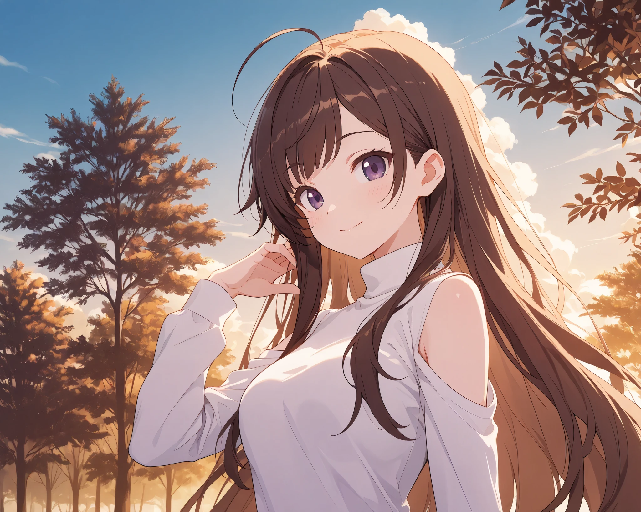 ung girl, solo, looking at viewer, white skin girl:1.6, (dark brown long fluffy hair:1.4, side swept parted hair bangs, ahoge), highschool girl, very short girl, slender body, medium breasts, detailed face, neutral expression, dark purple eyes, smile, anime, 8K, HDR, studio lighting, portrait photo, warm color palette, natural lighting, detailed background, outdoors, trees, plants, blue skies, cumulonimbus cloud, cute pose, serene, white turtleneck, long sleeves, shoulder cutout, jeans