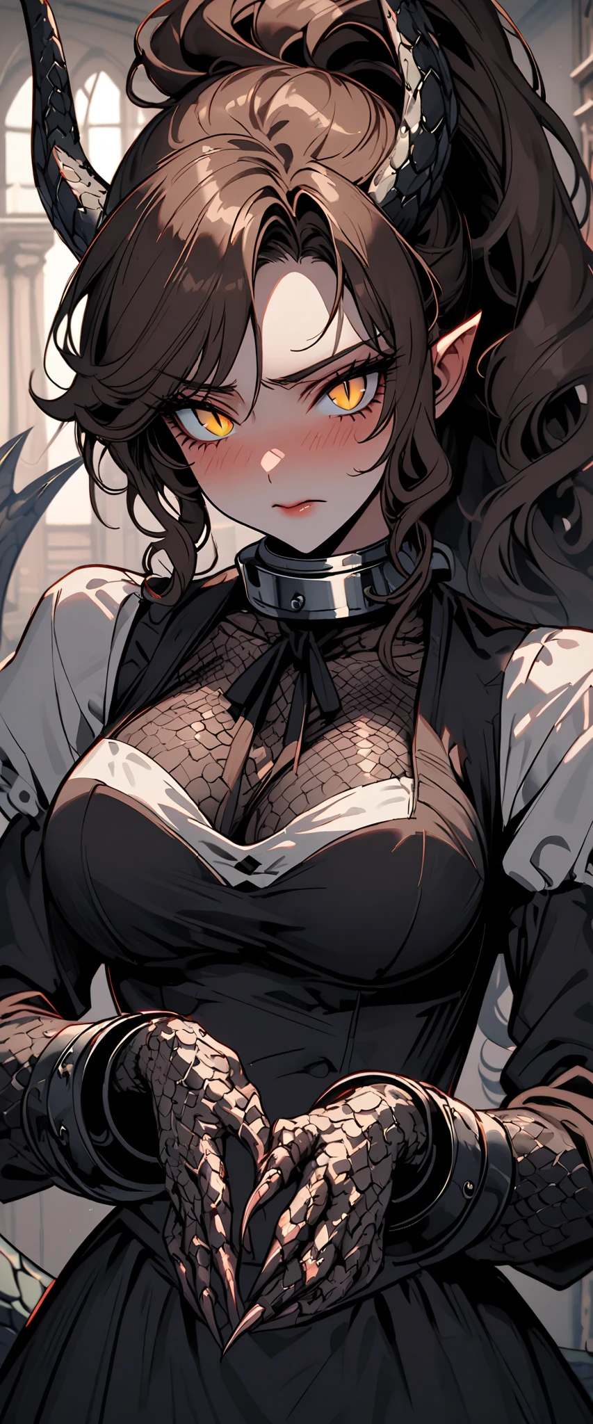 draconic ears, large breasts, very tall woman, athletic, slit pupils, large woman, short horns, solo, female, close up, long hair, curly hair, big hair, ponytail, dark brown hair, golden eyes, draconic tail, lizardgirl, claw hands, metal collar, slave, Victorian, scales on hands, scales on arms, POV, bodyguard, servant clothes, mansion, slightly embarrassed, maid uniform, slim waist, refined uniform, girly clothes, tomboy, shy, bedroom,