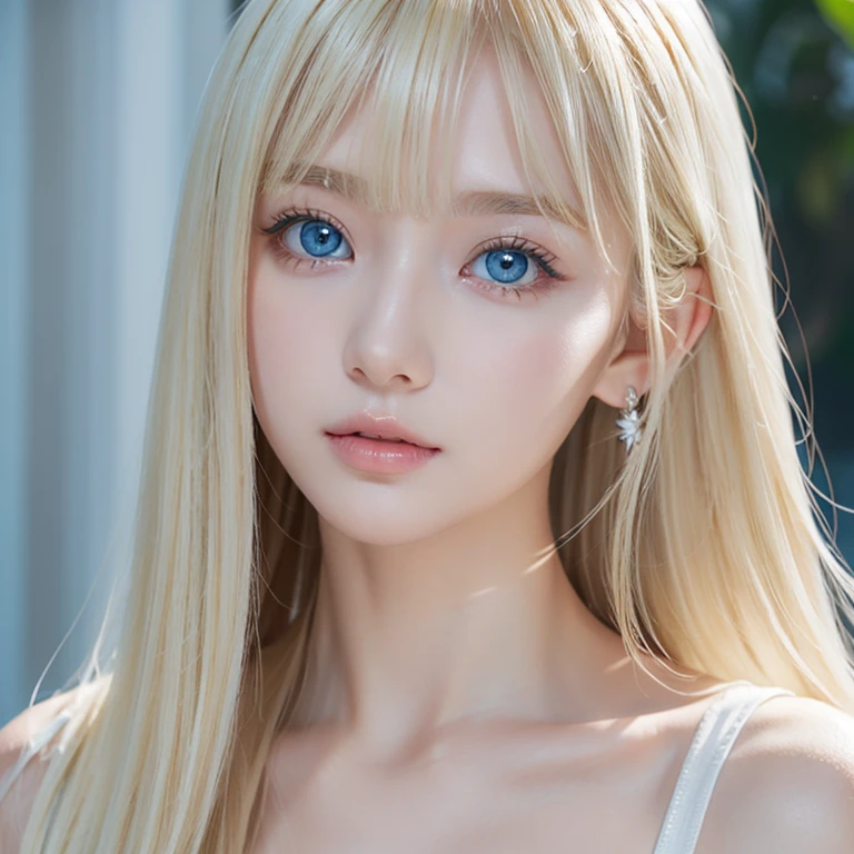 A very cute blonde beauty、Cute 16 years old、Very beautiful bright pale light blue large eyes、Very big eyes、Gloss Face、Snow-white glossy skin、Cheek gloss highlighter、Super long hair、Ample Bust、Beautiful bangs between the eyes、Small Face Beauty、round face、eyeliner