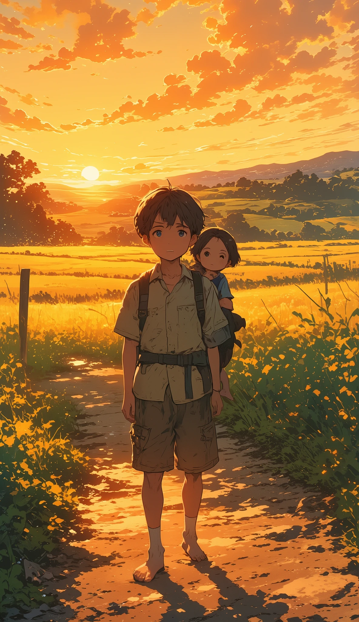 A young boy stands barefoot on a quiet dirt path, carrying his sleeping younger sibling on his back. The warm glow of the setting sun casts long shadows, bathing the scene in soft golden light. His expression is solemn yet full of quiet strength. The background features a peaceful countryside with tall grass swaying gently in the wind, small fireflies beginning to glow as dusk falls. The art style is inspired by Studio Ghibli, with delicate hand-painted textures, soft shading, and an ethereal atmosphere. The scene conveys a deep emotional weight, blending sorrow and resilience in a beautifully animated composition.