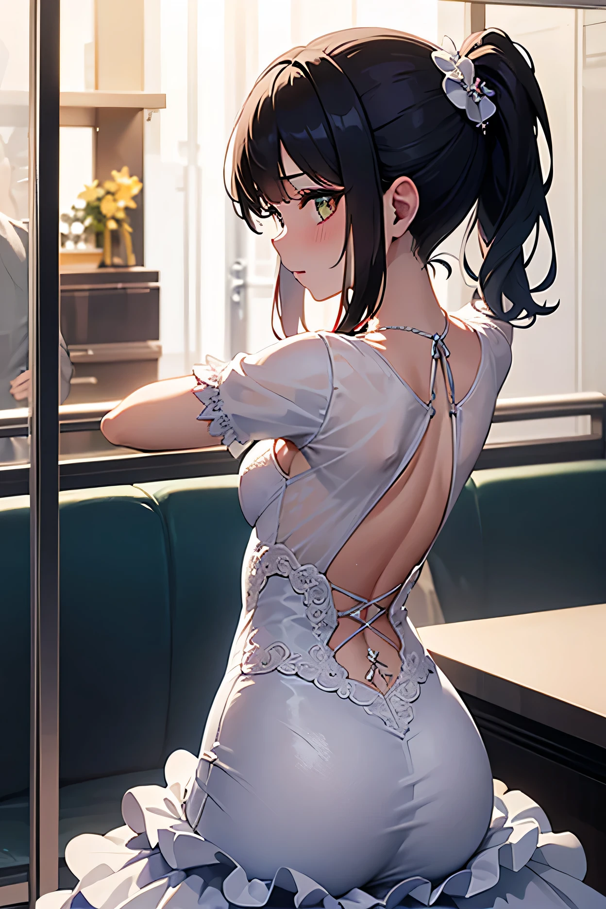 (best quality,4k,8k,highres,masterpiece:1.2),ultra-detailed,realistic,photorealistic:1.37,a woman in white dress and black top posing for a photo on the street at night,city street background,blue background,blue foreground,depth of field,from behind,looking at the audience,glancing back,dress,a woman standing at a street corner wearing a black top and white dress,high neck and black belt,city lights,lamp,motion blur,nighttime,decorated