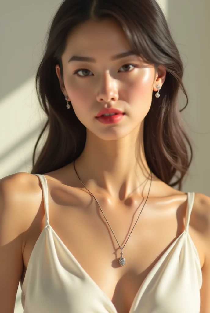 (best quality, masterpiece:1.2), photorealistic, ultra high res, front lighting, intricate detail, Exquisite details and textures, 1girl, (young), face highlight, upper body, detailed face, tear mole, white skin, silver hair, ponytail, braid hair, looking at viewer, big eyes, sun dress, slip dress, (hollow pattern, white, silk), earrings, small breasts, slim body, luxury room, royal palace, professional lighting, photon mapping, radiosity, physically-based rendering,