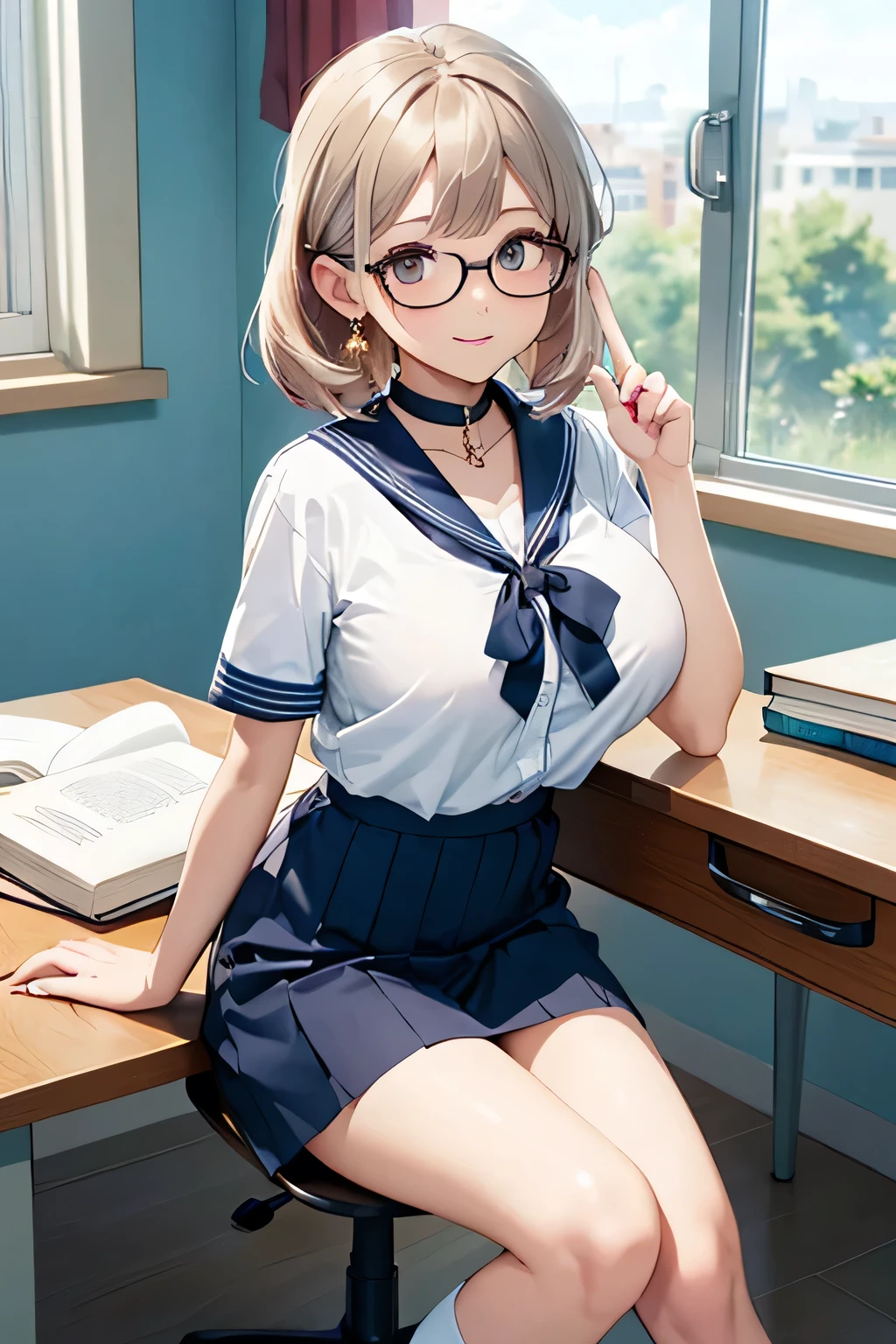 top quality、high resolution、(high image quality during sick leave:1.4)、masterpiece、Detailed Background、highly detailed faces that insist on buttocks、detailed eyes、age beauty、( huge breasts:1.3)、(Normal number of fingers:1.3)、anatomically correct、perfect body line、Bright-colored hair、ponytail、braided bob cut、After School Library、Quiet Library、The orange light in the evening gently illuminates the window seat、accentuate the chest、accentuate cleavage、
(A girl in a sailor suit is reading a book while putting her elbow on her desk:1.5)、
(The uniform shirt is slightly loose and cute:1.5)、(Staring at me with a cheek cane in a pose where she puts her chin on the desk:1.5)、
Glasses Quisse、Casually Lift Your Glasses with One Hand、upturned pose、Gently Illuminates the Window Seat、A small smile、I'm so excited when I shake my neck、A white sailor shirt with a slightly open collar and an adult-like atmosphere、} A short pleated skirt that swings softly every time you move、Simple, thin-framed glasses that create intellectual cuteness、Loafers and Neat High Socks、Small Earrings and Chokers、Intellect, Sexiness, and Cuteness of White、cute